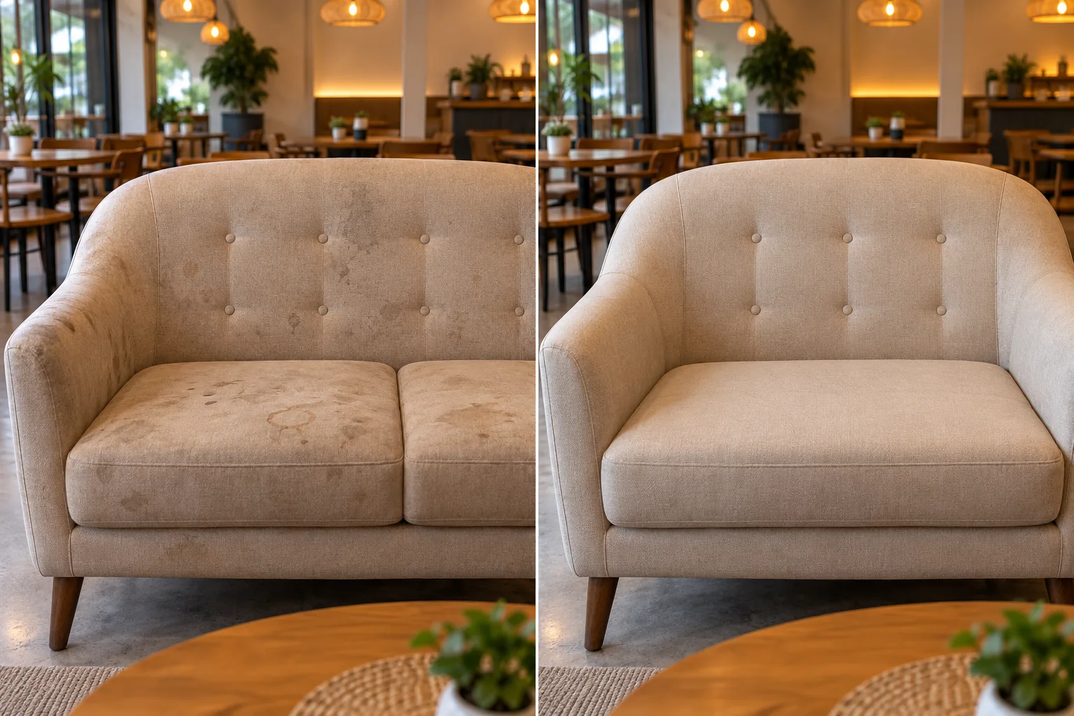 Perbandingan sofa kafe yang bernoda dan sofa yang terlihat bersih